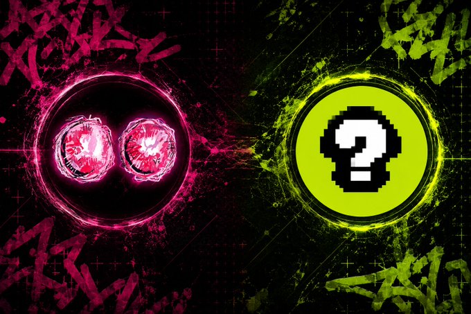 The image features a vibrant split design with a glowing pink circular emblem containing two pink shrooms on the left, alongside a bright green circle with a pixelated question mark on the right, both set against graffiti-style backgrounds. This visually represents the upcoming collaboration between Penni and RetailShrooms, with the question mark hinting at the surprise raffle to be announced in their Discord.