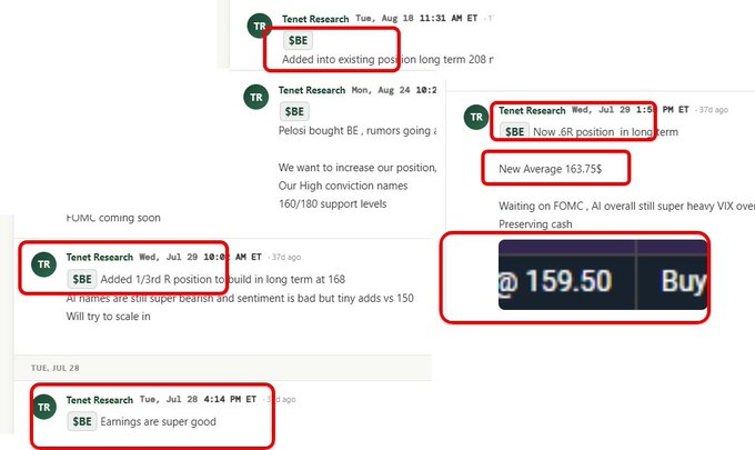 A Slack channel called "Tenet Research" displays multiple posts highlighting bullish sentiment on ticker $BE, with messages referencing "Added into existing position long term 208 r", "Pelosi bought BE", "Added 1/3rd position to build in long term at 168", and "Earnings are super good," along with a "Buy" signal at $159.50 and a new average of 163.75. The image visually supports the post's claim of loading up on $BE since earnings and riding Pelosi's coattails, as the screenshots show consistent accumulation and buy recommendations across late July dates.