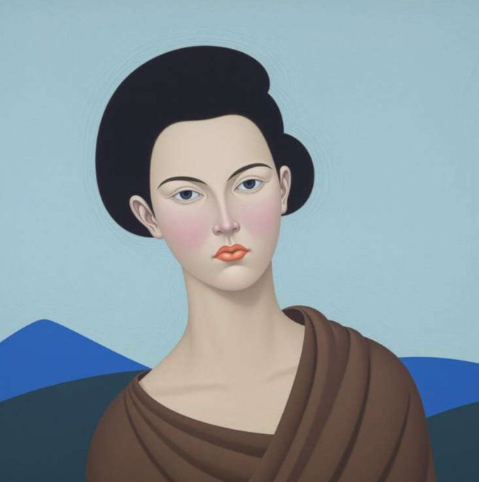 A stylized digital painting portrays a woman with dark hair pulled up, pale skin, and orange lips, wearing a draped brown garment against a muted blue background.
