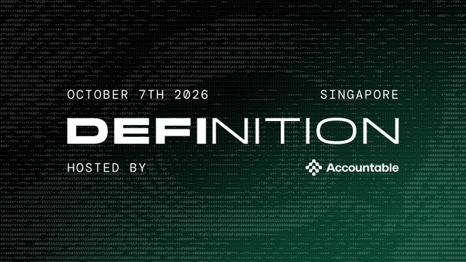 Promotional graphic for an event with a dark green digital code background, displaying 'OCTOBER 7TH 2026 SINGAPORE DEFINITION HOSTED BY Accountable' in white text.