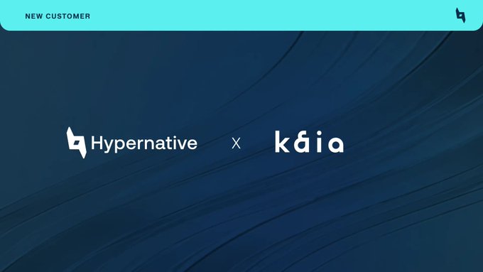 A promotional banner with a dark blue background featuring the "Hypernative × Kaia" logos side by side, topped with a teal banner reading "NEW CUSTOMER," announcing a new partnership between Hypernative and Kaia Chain.