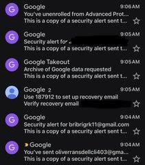 A screenshot of multiple Google security alerts showing notifications that someone has unenrolled from Advanced Protection, security alert emails, archive of Google data requests, recovery email verification, and a copy of a security alert sent for "brbrigirlkt1@gmail.com" and "oliveransdellc403@gmail.com"—suggesting these crypto-related accounts may have been compromised, reinforcing the importance of security and peace of mind in the crypto space.