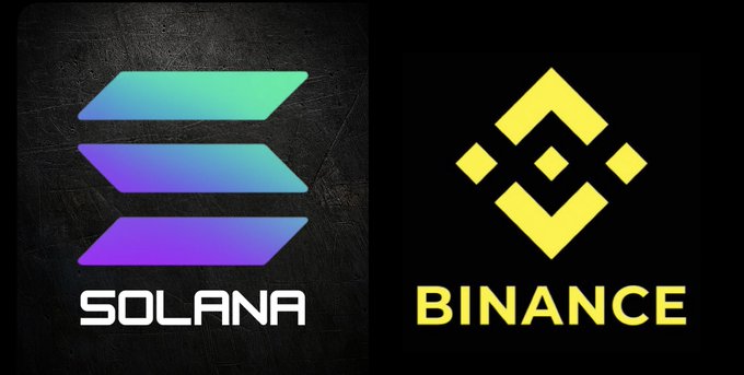 A side-by-side image displays the Solana logo (purple and teal gradient) on the left and the yellow Binance logo with its text on the right, visually representing the post's bold claim that "Solana will flip Binance."