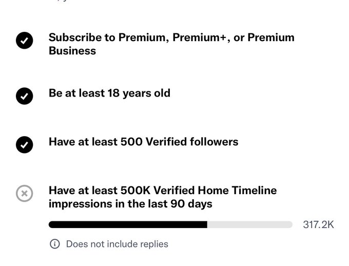 A checklist of X (Twitter) monetization eligibility requirements showing four criteria, with three met (Premium subscription, age 18+, 500 verified followers) but the 500K Home Timeline impressions in 90 days still incomplete at 317.2K (63% of the way there), illustrating the user's ongoing goal to qualify for X monetization in October.