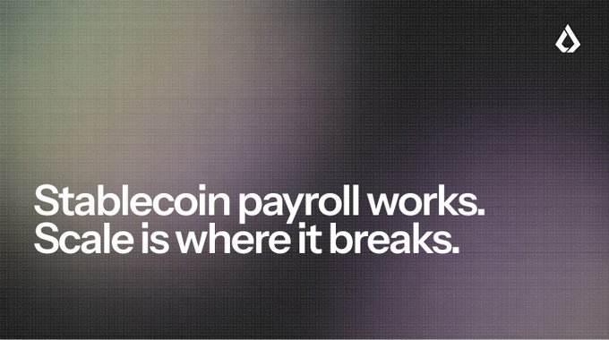 The image displays the text "Stablecoin payroll works. Scale is where it breaks." against a dark gradient background with a small logo in the top right corner. This visual reinforces the post's point about the gap between crypto payroll adoption and primary usage, suggesting that while stablecoins function for payroll, they struggle to scale as a main payment method.