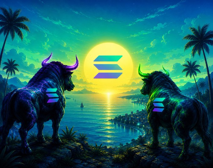 Two powerful, neon-illuminated bulls facing each other against a tropical sunset with a glowing Solana logo rising over the ocean, symbolizing bullish momentum for $SOL, $ANSEM, and $CURB.