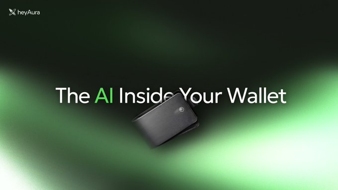 A heyAura promotional image displays 'The AI Inside Your Wallet' with a small device shown against a green glowing background.