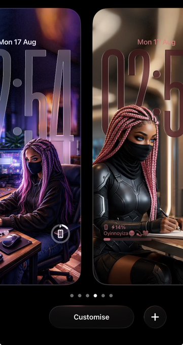 An iOS lock screen customization screen displays two anime-style wallpaper options featuring purple-haired characters in cyberpunk settings, both dated "Mon 17 Aug."
