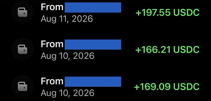 Mobile app transaction history screen displaying three deposits: '+197.55 USDC' on Aug 11, 2026, '+166.21 USDC' on Aug 10, 2026, and '+169.09 USDC' on Aug 10, 2026.