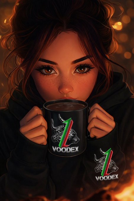 Digital illustration of a woman drinking from a black mug branded with the 'VOODEX' logo featuring a bull, set against a fiery background.