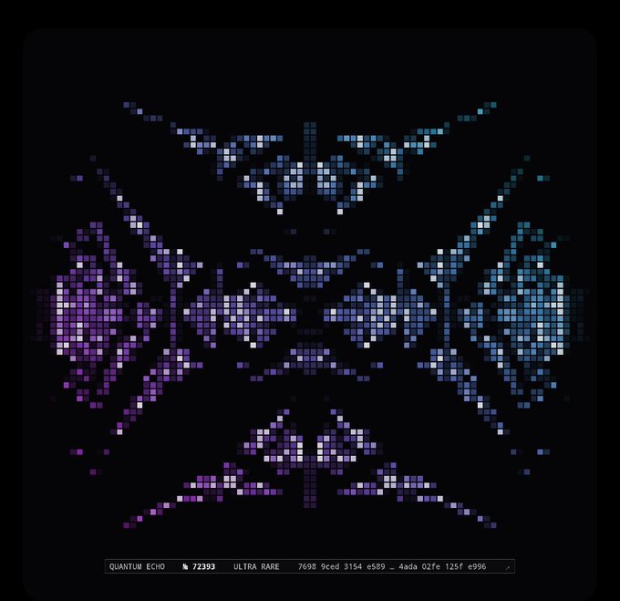 A pixel art digital piece titled 'QUANTUM ECHO' #72393 ULTRA RARE, depicting a symmetrical mask-like face in purple and blue pixel patterns on a black background, with hash data '7698 9ced 3154 e589 - 4ada 02fe 125f e996'.