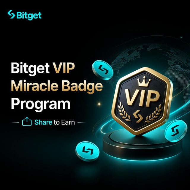 Promotional graphic for the Bitget VIP Miracle Badge Program featuring a gold VIP badge with a crown on a glowing pedestal surrounded by Bitget tokens and a globe, advertising a "Share to Earn" campaign offering 500 USDT in rewards.