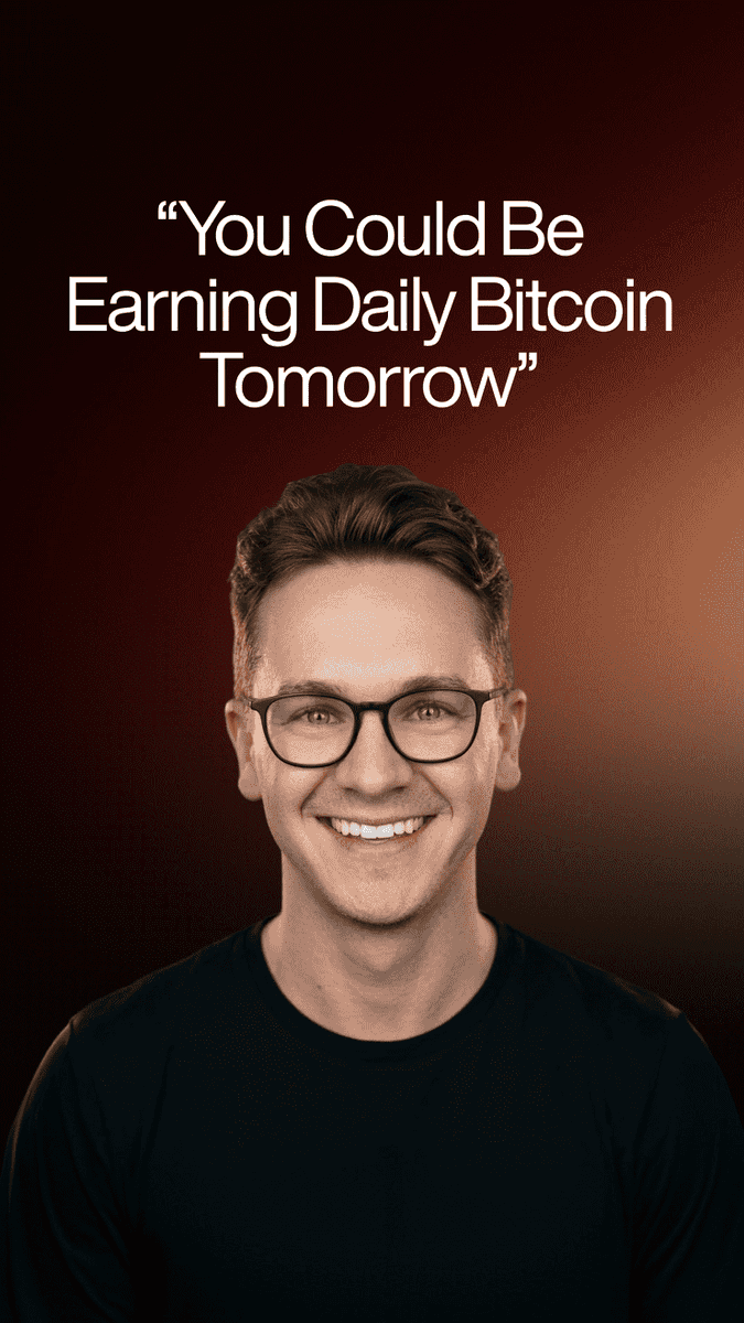 A smiling man wearing glasses and a black shirt is pictured with the quote 'You Could Be Earning Daily Bitcoin Tomorrow' above him.