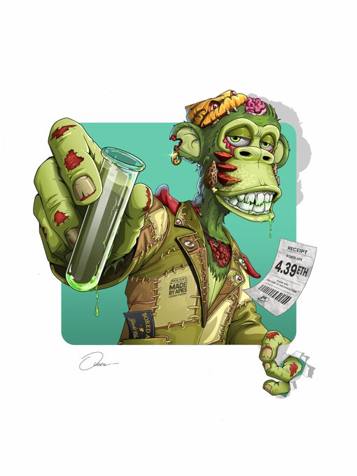 The image features a cartoon character dressed as a green alien, holding a green bottle of liquid that has been labeled "4.69" on it. The character appears to be in a state of distress or confusion, possibly due to the contents of the bottle. The overall scene is set against a white background with a green frame surrounding the image.