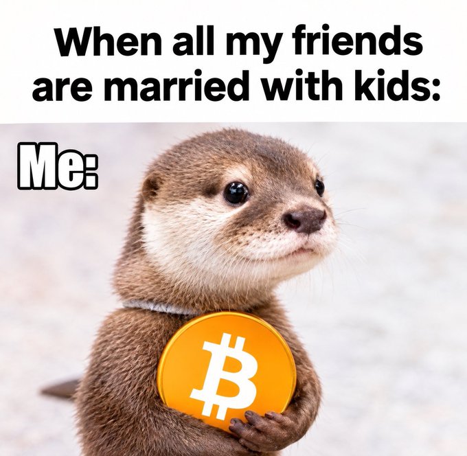 A humorous meme featuring an otter holding a Bitcoin coin, with text reading "When all my friends are married with kids: Me:"