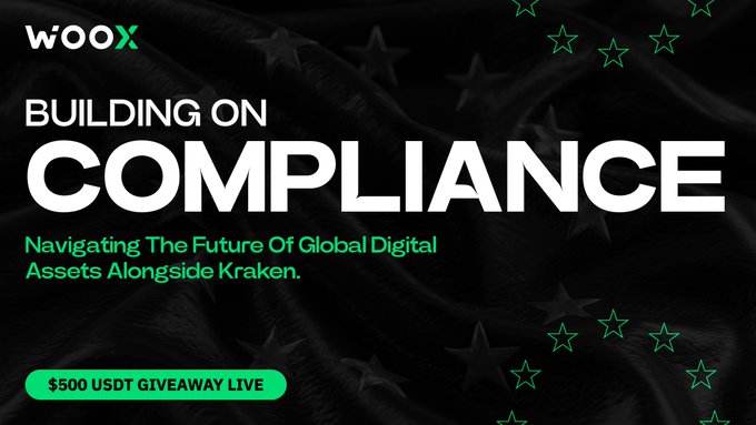 The image is a promotional graphic for WOO X featuring a dark background with star accents, displaying the headline "BUILDING ON COMPLIANCE" and "Navigating The Future Of Global Digital Assets Alongside Kraken," along with a "$500 USDT GIVEAWAY LIVE" button. The graphic directly reinforces the post's message about WOO X's recent MOU with Kraken, emphasizing the platform's commitment to regulatory compliance and promoting the limited-time giveaway.