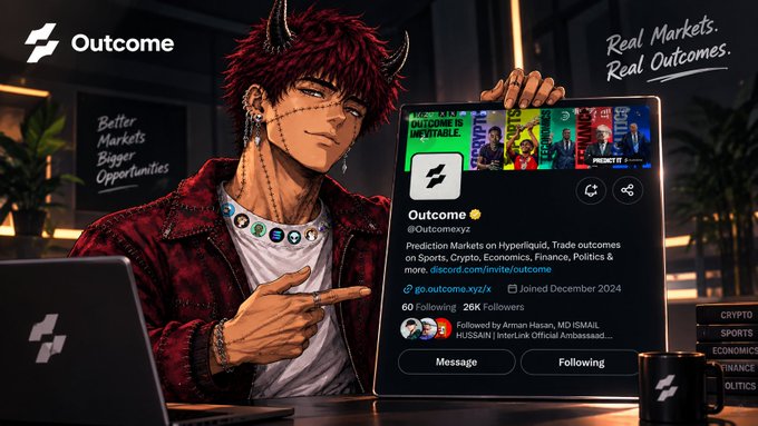 An anime-style illustration of a horned character pointing to a laptop displaying the X profile for '@Outcomexyz', accompanied by the tagline 'Real Markets. Real Outcomes.'