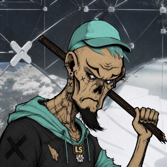 The image depicts a stylized illustration of an emaciated, skeletal-looking character wearing a teal cap and hoodie, carrying a wooden stick over his shoulder, with an "LS" dog tag pendant around his neck, set against a satellite-networked backdrop. The figure's gaunt, zombie-like appearance and streetwear style evoke the unsettling "MUKURO" character—likely referencing a menacing, hollow persona fitting that ominous name.