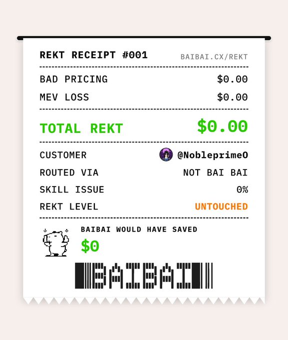 Digital 'REKT RECEIPT #001' from baibai.cx/rekt showing $0.00 total losses for customer @Nobleprime0 with a barcode and 'BAIBAI' text at the bottom.