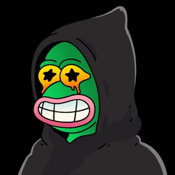 A digital illustration of a Pepe the Frog character wearing a black hooded cloak, featuring star-shaped eyes and pink dripping tears/mouth on a solid black background.