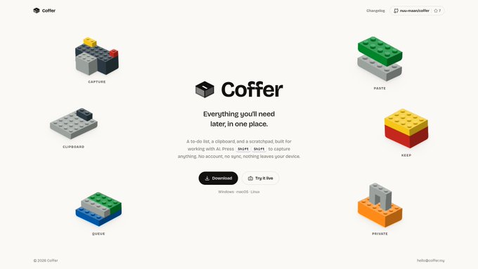 A website landing page for 'Coffer' displaying the tagline 'Everything you'll need later, in one place' with Lego-like block icons labeled Capture, Clipboard, Queue, Paste, Keep, and Private.