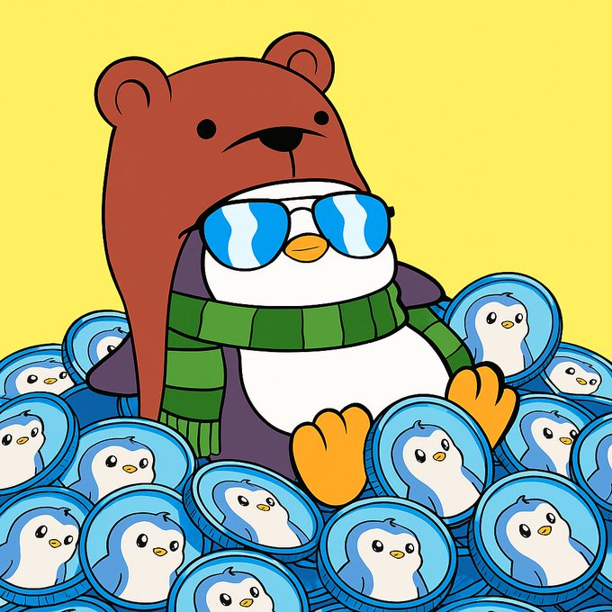 Colorful cartoon illustration featuring a penguin wearing sunglasses and a green striped scarf with a brown bear hat, sitting among a pile of smaller penguin coins, set against a yellow background.