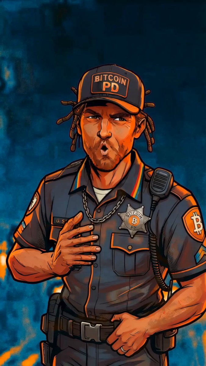 The image features a cartoon police officer wearing a hat with the word "BICOIN" written on it. The officer appears to be talking into a microphone, possibly addressing an audience or having a conversation. In the background, there are two other people present, one of whom is holding a cell phone. The scene takes place in front of a brick wall and a fire hydrant, creating a sense of urban setting. The image also includes text that reads "Crypto created a lot of powerful people. Then there's @cz_binance The man who turned Binance from a 2017 startup into the largest crypto exchange on Earth. Love him or hate him, CZ changed crypto forever." This text seems to be related to the cartoon police officer and their role in the world of cryptocurrency.