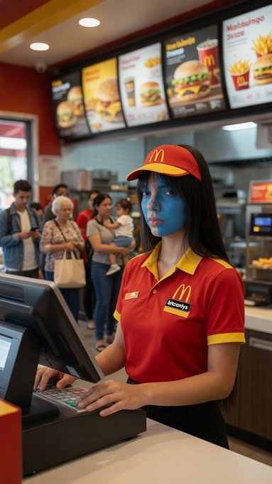 A female employee with blue skin wearing a red and yellow uniform and a McDonald's-style cap with an 'M' logo operates a cash register, with a name tag reading 'bluekyle.'