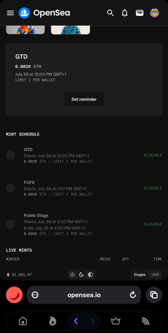 An OpenSea mobile interface displaying the mint schedule for the "GTD" NFT collection priced at 0.0026 ETH, listing eligibility for GTD, FCFS, and Public Stage phases.
