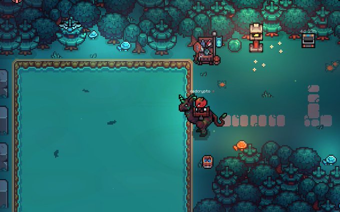 Pixel-art game screenshot showing a character with a backpack and "ledcrypto" label standing near a body of water surrounded by trees and stone tiles.