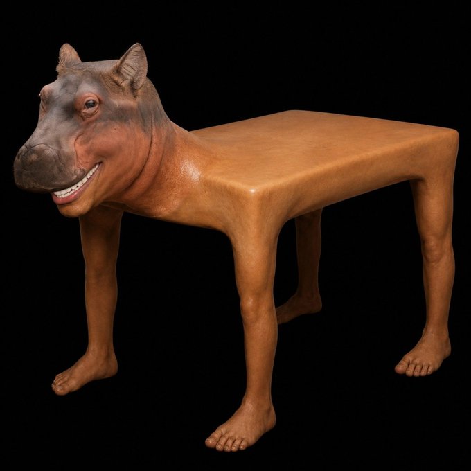 A whimsical brown table featuring a smiling dog's head on one end serves as a visual metaphor for the post's message, symbolizing the combined qualities of strength (Moo Deng), balance (Peanut), and agility (Shiba) needed to "carry the trenches."