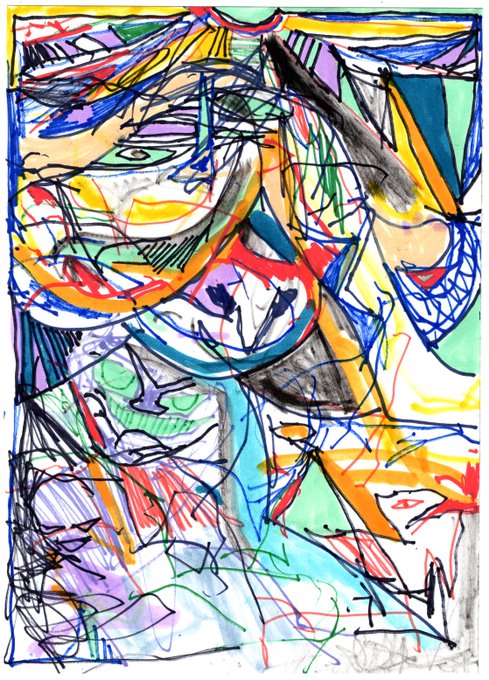 A vibrant, abstract expressionist painting featuring chaotic black outlines filled with patches of blue, orange, green, red, yellow, and purple.