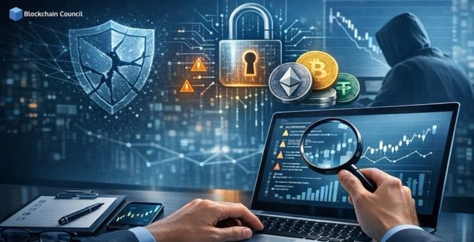 A digital composite features a Blockchain Council logo, a cracked security shield, a padlock, and Bitcoin/Ethereum coins floating over a hooded person and financial graphs, illustrating cryptocurrency security themes.