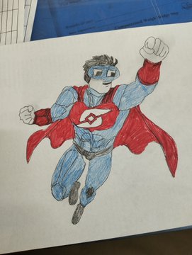 A hand-drawn sketch of a superhero in a blue suit and red cape, created as part of a daily artwork challenge for the @DlicomApp.