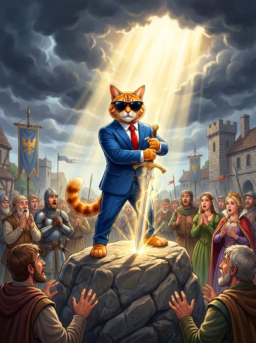 The image features a cartoon cat wearing sunglasses and a suit standing atop a rock with a sword in its paws. The cat appears to be in a medieval setting surrounded by people dressed in medieval clothing, suggesting that they are part of a historical reenactment or a themed event. The caption above the image reads "This is how I got my first Kingdom, Time to build another one." This implies that the cartoon cat and its surroundings might be related to a story about a kingdom's founding or an event where people dressed in medieval clothing gathered for a special occasion.