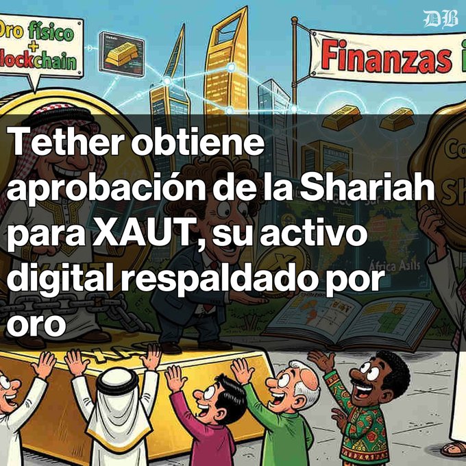 A cartoon illustration with Spanish text overlay reading "Tether obtiene aprobación de la Shariah para XAUT, su activo digital respaldado por oro," depicting a gold bar and various global figures.