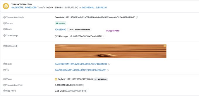 A BscScan transaction details page shows a successful transfer of 16,249.11781157 BNB (~$12,457,879.64) from address 0xc3E9078A91B594a605d584887b2775F4b80da99 to 0x6298368c6BF1a9F19e638f21235033fEcE8A6231, corroborating the $12.5M BNB drain from the 79thVault exploit, with the exploit transaction hash visible as 0xee0e4167518ff0071ede02a03b3710a1a843d5261 6aad4bf1d5e417b37bd0f.