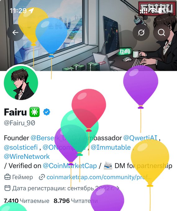A Twitter profile screenshot for 'Fairu' (@Fairu_90) displays an anime-style profile picture, a banner showing a person at a computer, and a bio listing him as a Founder and Ambassador for @Berserk, @QwertiAT, @Immutable, and @WireNetwork, with a CoinMarketCap verification badge.