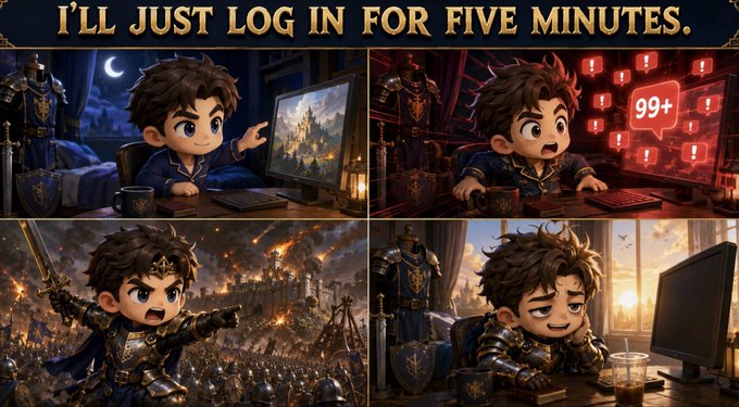 A four-panel comic featuring a chibi-style character in medieval armor, with the header text 'I'LL JUST LOG IN FOR FIVE MINUTES,' showing a progression from playing a game at night, to being overwhelmed by notifications (99+), to commanding a battlefield, to looking exhausted at a computer with an iced coffee.