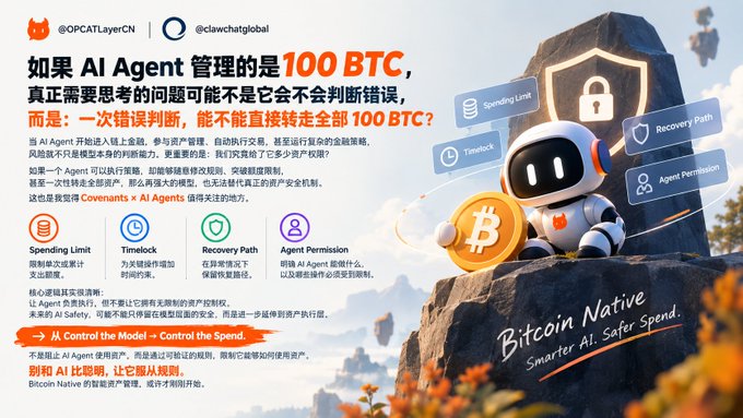 A Chinese-language infographic by @OPCATLayerCN and @clawchatglobal about AI Agent security, featuring a robot mascot holding a Bitcoin coin. Key text discusses managing 100 BTC with AI Agents, highlighting concepts like 'Spending Limit', 'Timelock', 'Recovery Path', and 'Agent Permission', with the tagline 'Bitcoin Native Smarter AI. Safer Spend.'