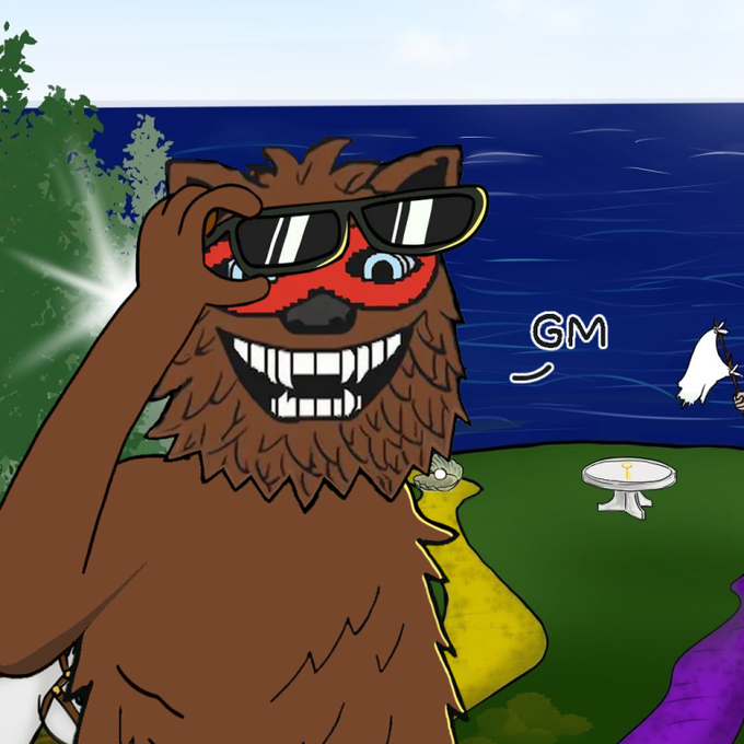 An illustrated brown bear mascot wearing sunglasses grins widely while holding up its shades, with the text "GM" floating nearby against an ocean backdrop.