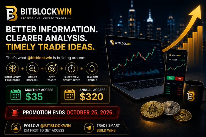 A promotional advertisement for BitBlockWin displays pricing plans of $35/month and $320/year, with an offer ending October 25, 2026, against a dark backdrop featuring a laptop showing crypto charts, a smartphone with BTC/USDT trading, Bitcoin coins, and a city skyline with an upward-trending arrow. The ad reinforces the post's message by visually emphasizing "Better Information. Clearer Analysis. Timely Trade Ideas" through imagery of trading platforms and market growth, highlighting the service's five core features: smart money psychology, market research, spot trades, short-term opportunities, and real-time signals.