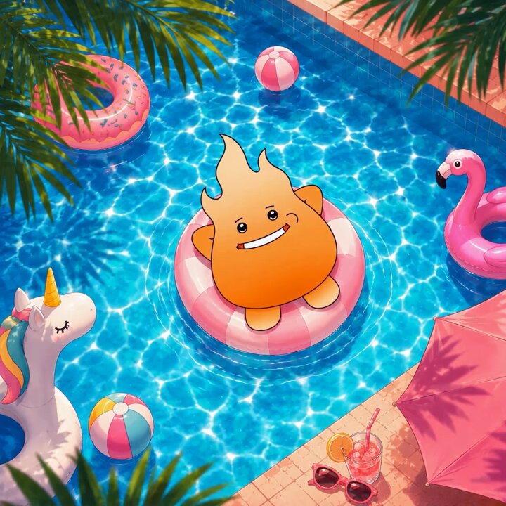 The image features a cartoon character floating in a swimming pool surrounded by various objects such as an unicorn, beach balls, and an umbrella. The scene appears to be set during summertime, with a focus on relaxation and leisure activities like swimming or sunbathing.