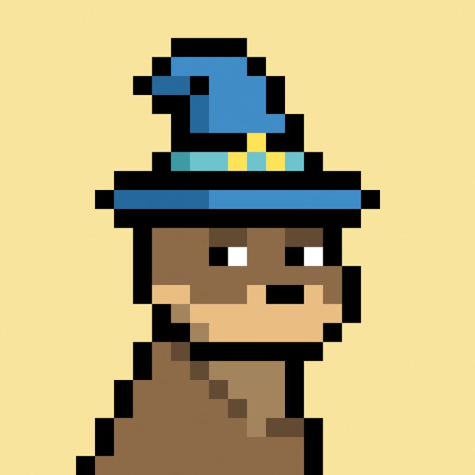 Pixel art portrait of a figure with brown skin wearing a blue cap and a wide-brimmed dark blue hat with a cyan band, set against a pale yellow background.