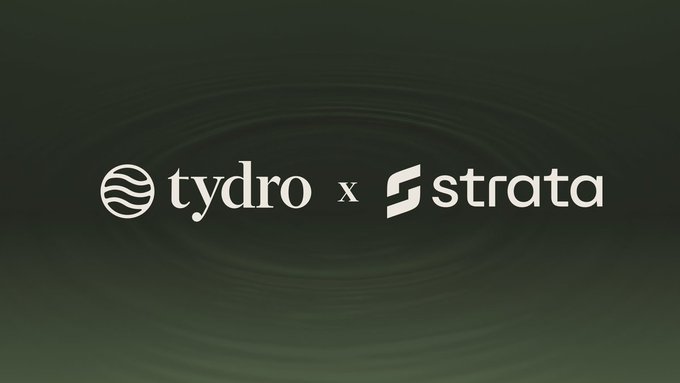 The image displays a collaboration banner with the text "tydro x strata" in white against a dark green, water-rippled background, featuring both companies' logos side by side. The visual represents the partnership between Tydro and Strata Markets to introduce structured credit tranches (senior and junior) for onchain capital preservation and yield enhancement.