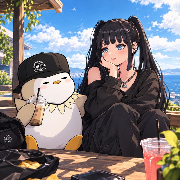 An anime-style illustration depicts a dark-haired girl with twin tails sitting at an outdoor table next to a penguin mascot wearing a black cap, with coffee and chips on the table against a scenic mountain backdrop.