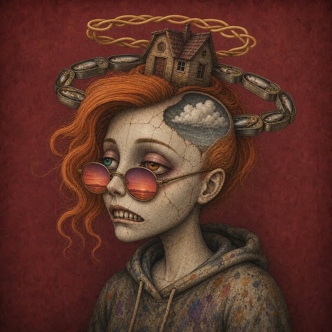A red-haired girl with a porcelain, cracked face and reflective sunglasses wears a house and a knotted rope as a crown, with a stormy cloud visible through a "window" in her forehead. The surreal, fractured imagery mirrors the cryptic post's dreamy, evasive tone—both suggest a mind haunted by glimpses of what's coming (and what's already behind).