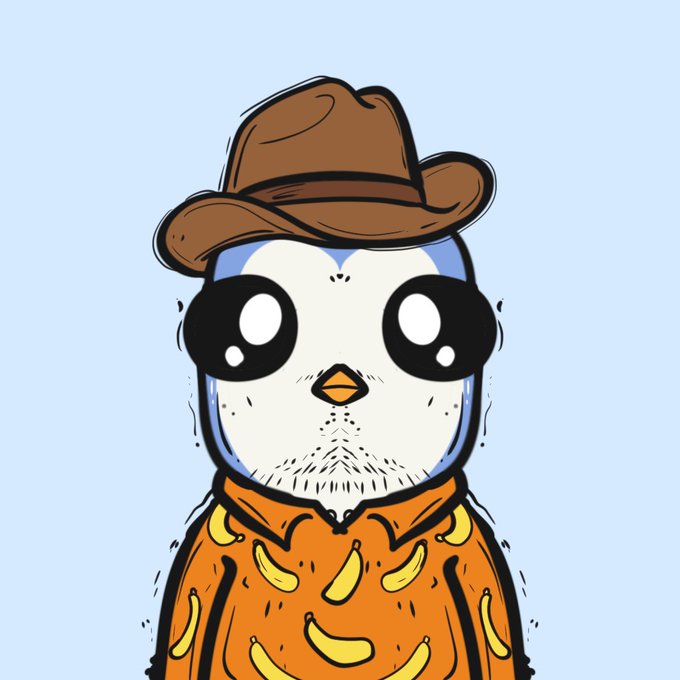 A cartoon penguin with large black eyes wears a brown cowboy hat and an orange shirt covered in yellow banana patterns, styled in a hand-drawn illustration against a light blue background. The whimsical, quirky artwork fits the post's playful tone of offering a free mint NFT with a humorous "no catch" disclaimer.