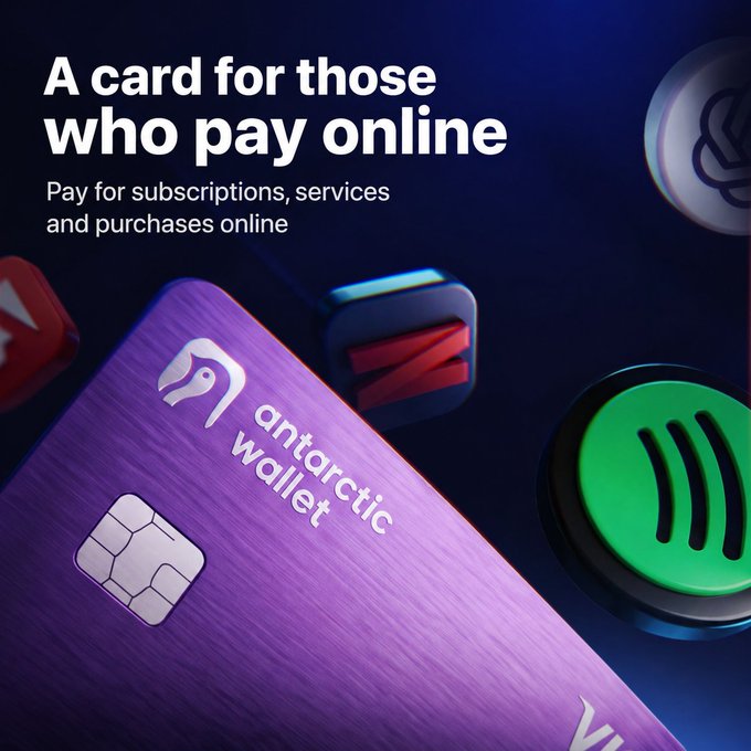 An advertisement with the text 'A card for those who pay online' and 'Pay for subscriptions, services and purchases online', featuring a purple 'antarctic wallet' card.