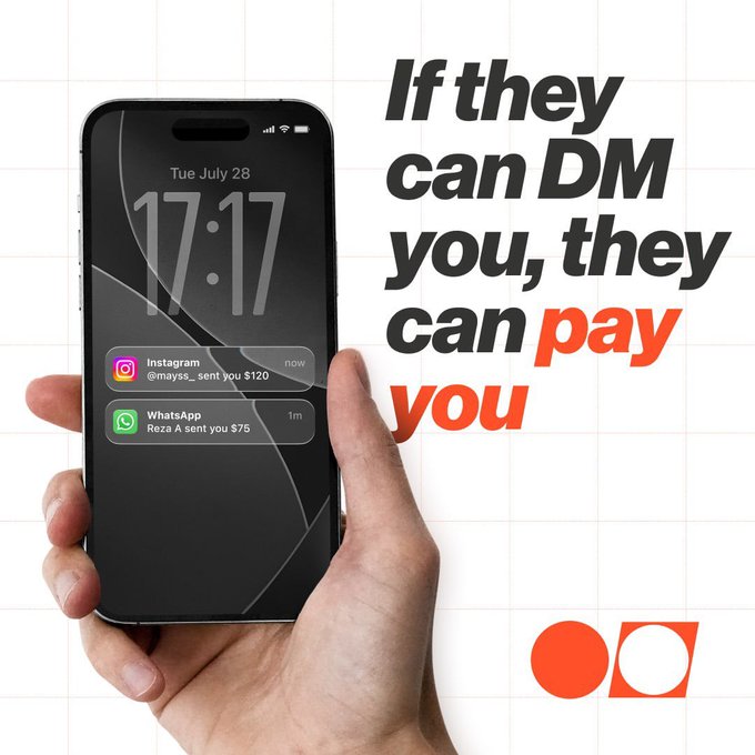 A hand holding a smartphone displaying notification messages, accompanied by the text 'If they can DM you, they can pay you' and a logo in the corner.